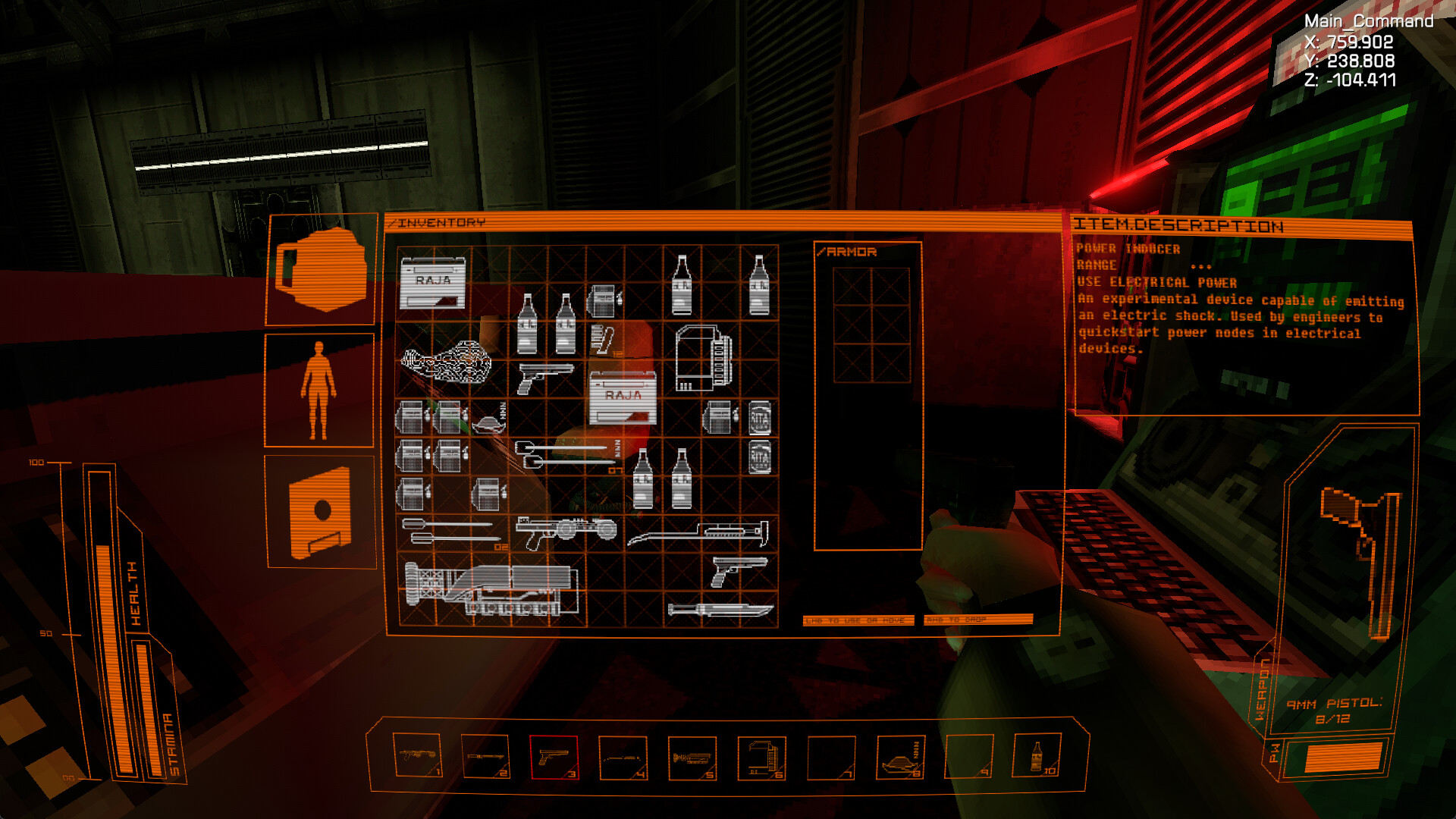 In-game inventory HUD showing the 9mm pistol holding 8 out of 12 rounds alongside bandages, bottles, RAJA ammo boxes, scissors, a wrench, and a shotgun.