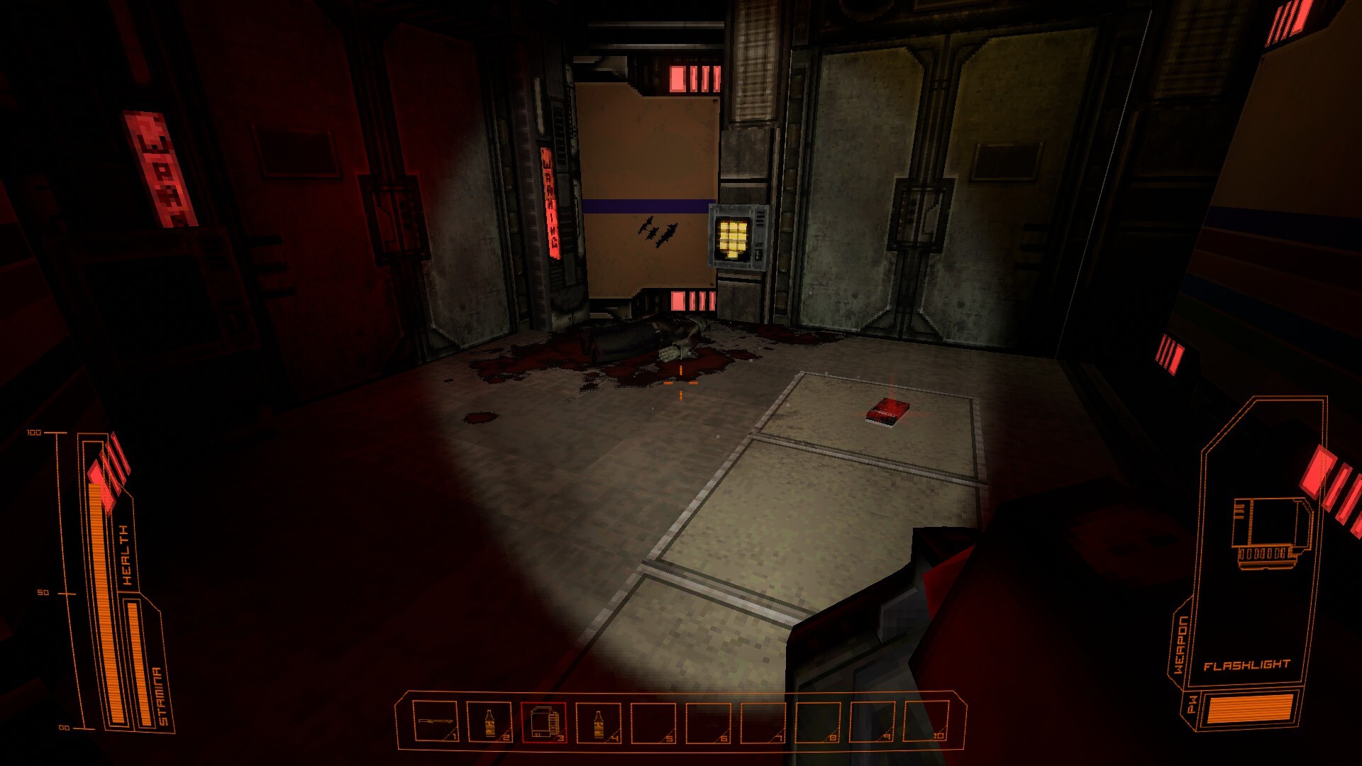 First-person flashlight view of a dim SAIR facility corridor with a fallen staff member on the blood-stained floor and the in-game HUD readouts framing the screen.