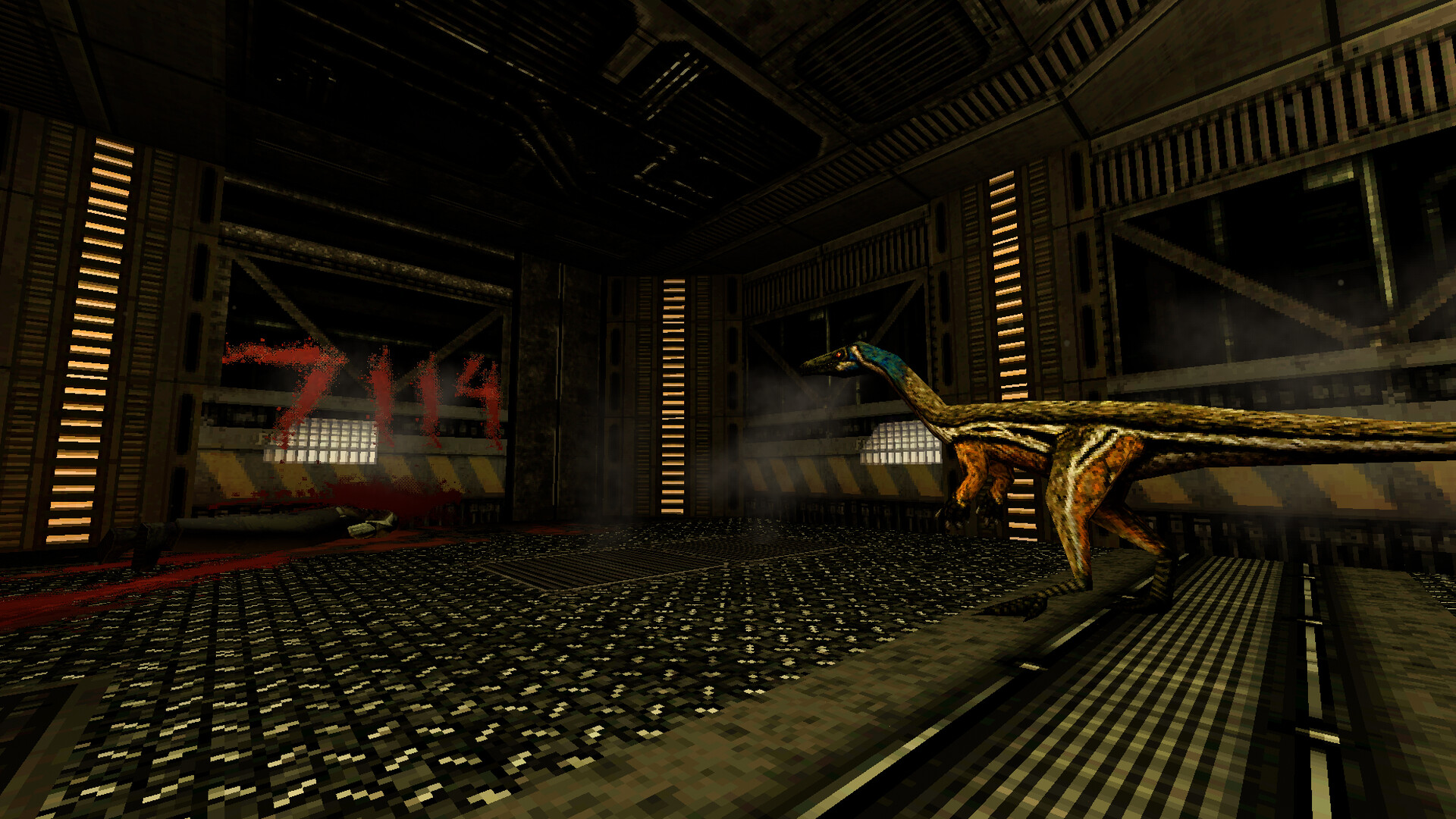 A striped raptor stalking through a wide industrial hall of the SAIR facility under pale strip lighting.