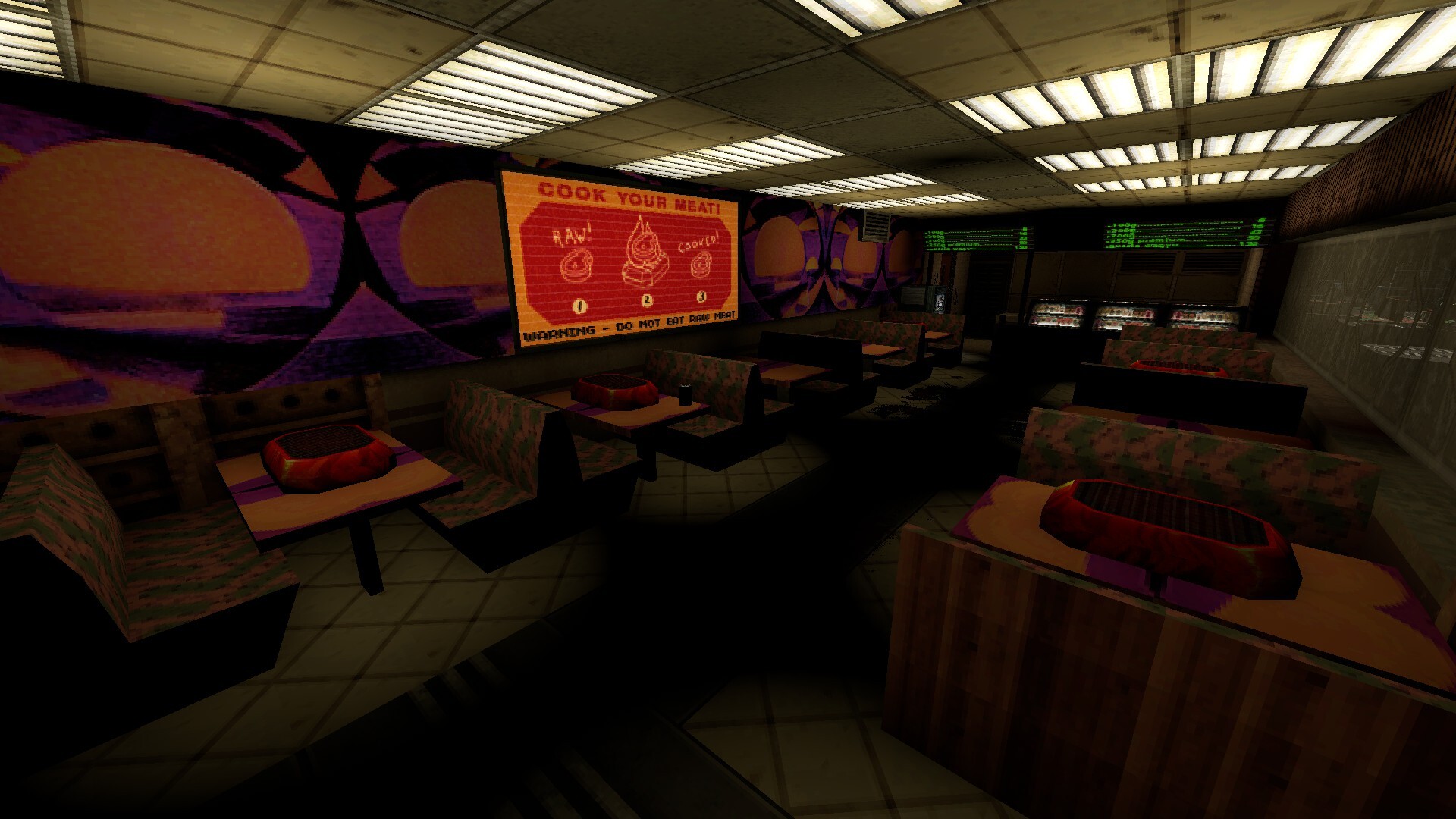 Retro-styled facility diner with booths, a counter, and a poster that reads 'COOK YOUR MEAT!' detailing three steps over a flame illustration.